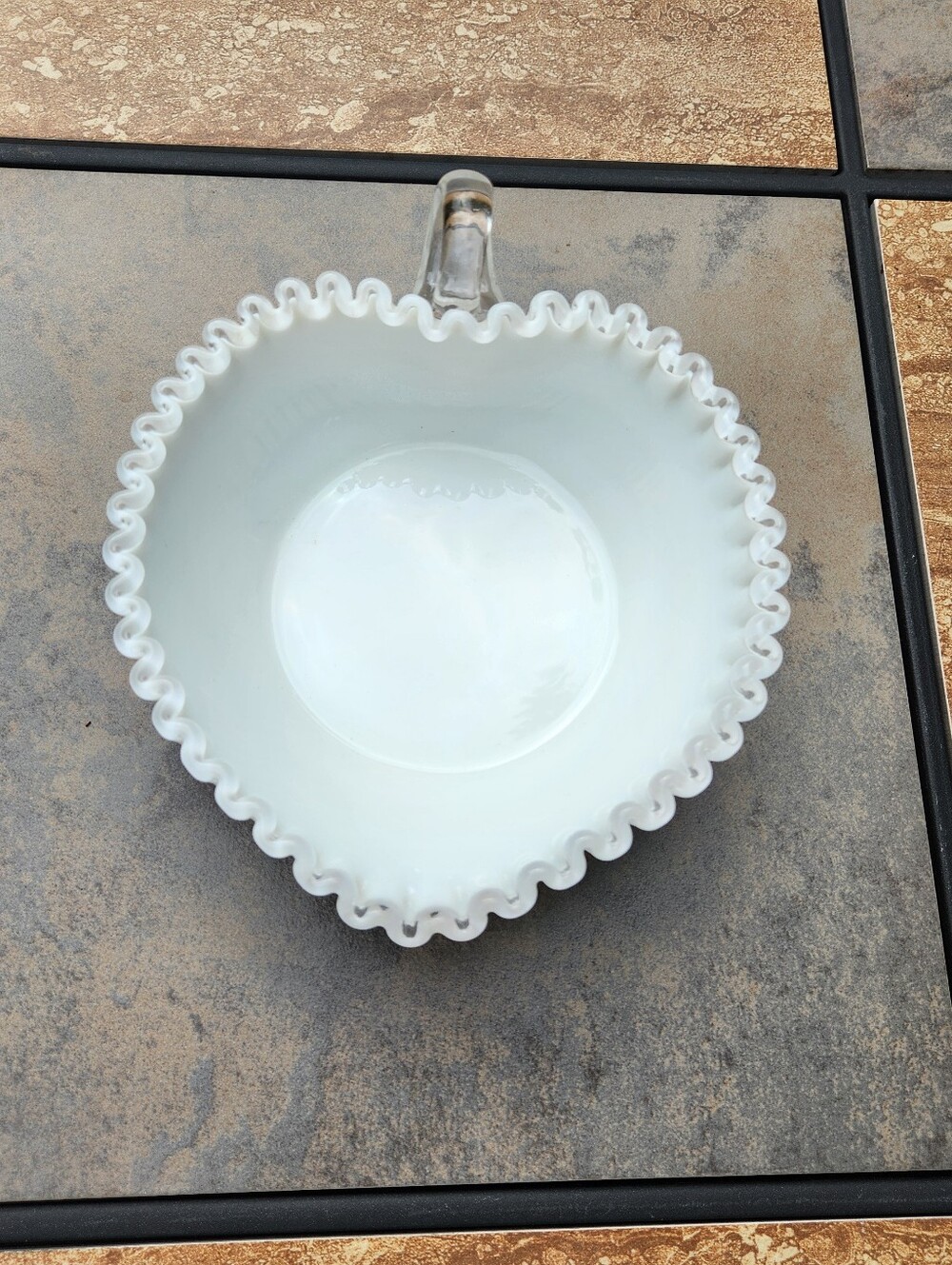 Vintage Fenton Silvercrest milk glass heart-shaped candy dish with crimped edge